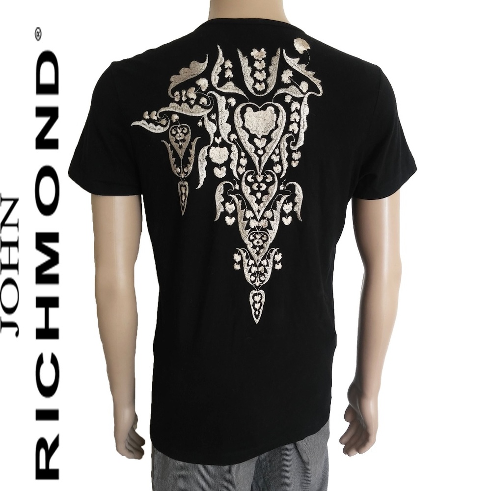 John Richmond Mens Black Filigree Embroidered Shirt SZ L
